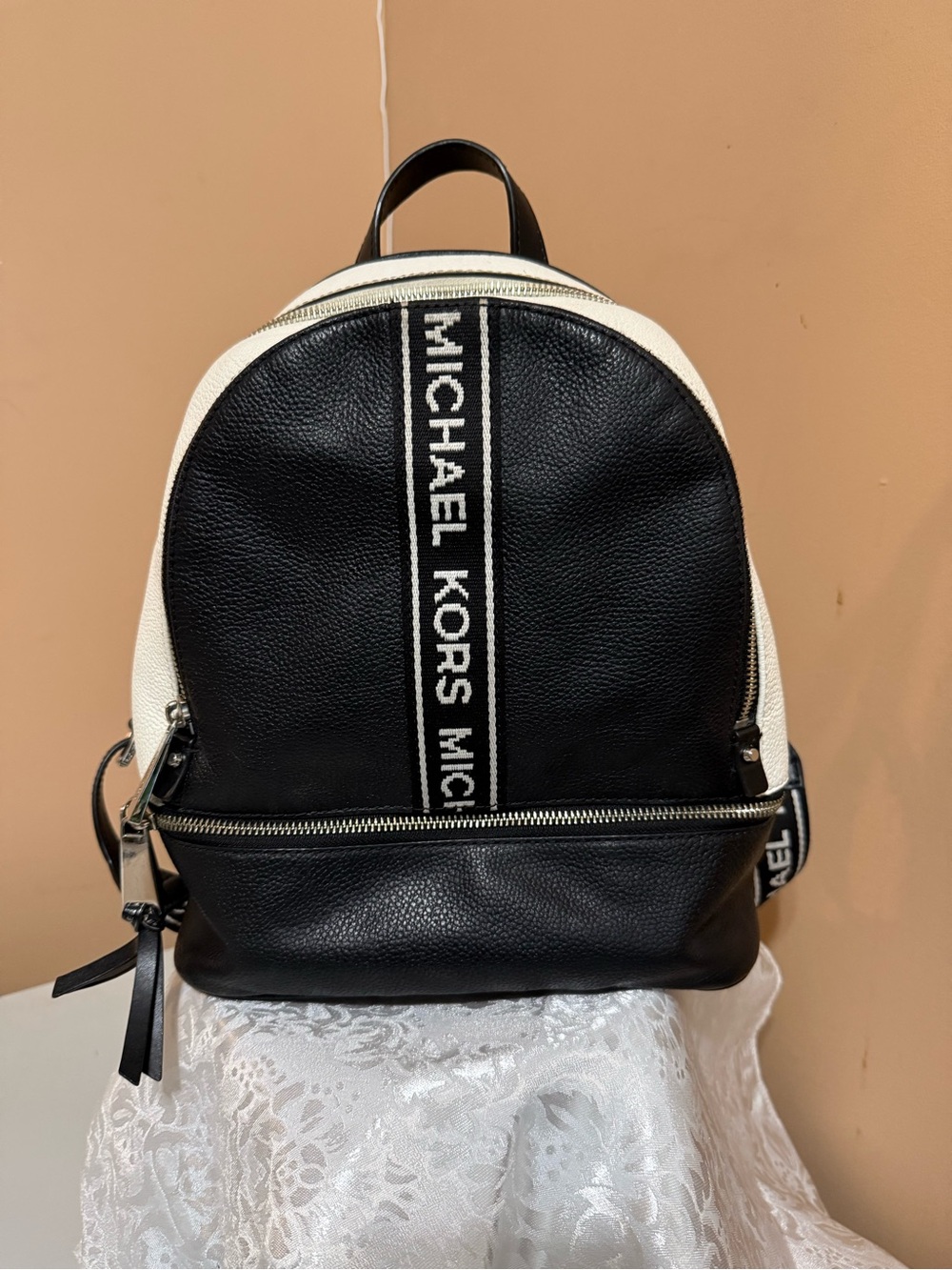 Michael Kors Black & White Logo Panel Leather Backpack